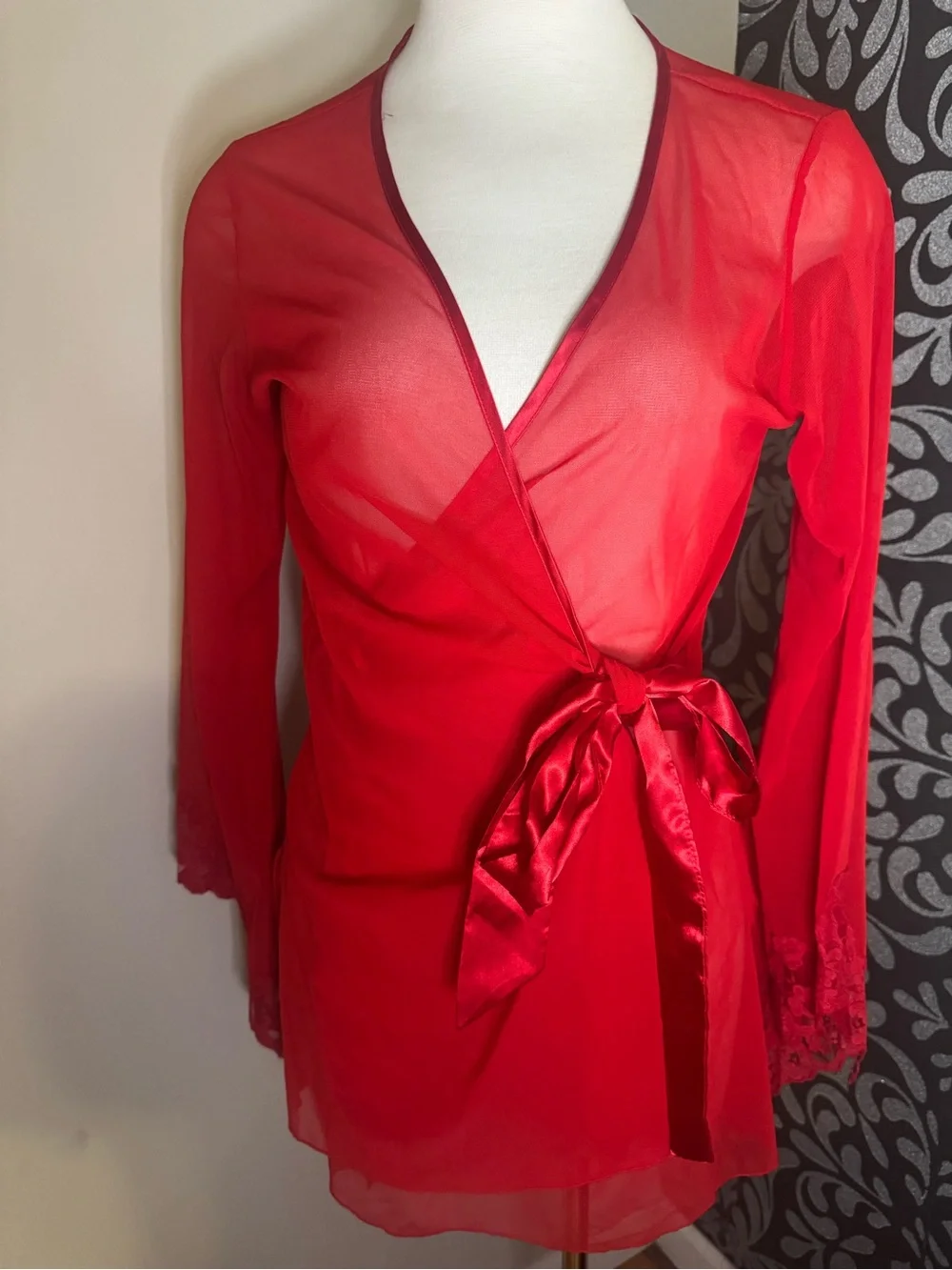 Frederick’s of Hollywood Red Sheer Wrap Robe with Satin Tie with lace sleeves.